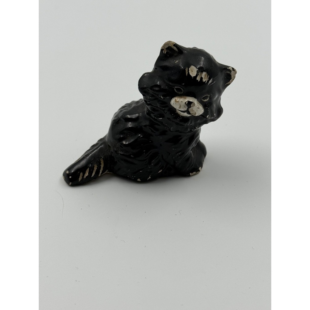 Vintage Miniature Black Cat Figurine Ceramic Persian Longhair Hand Painted 2.75"